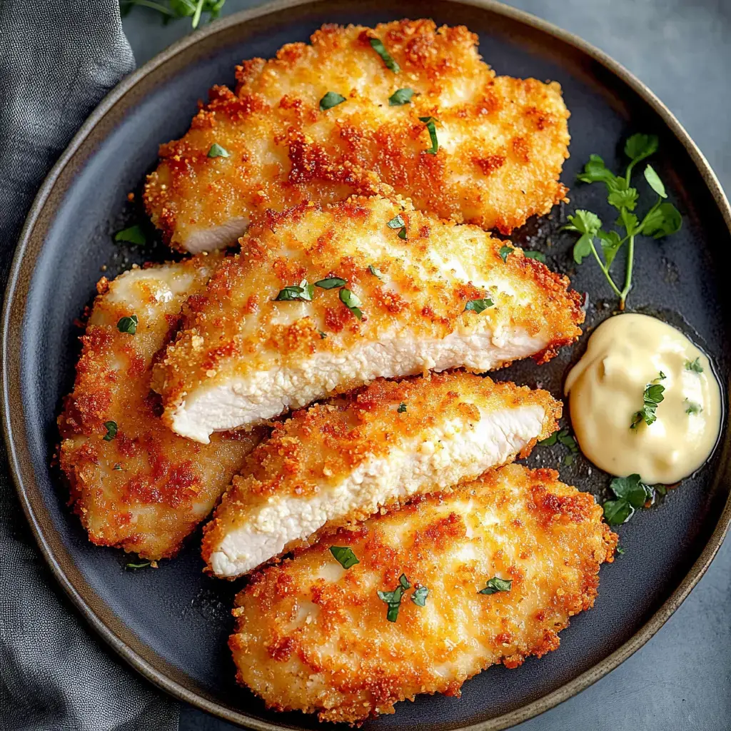 A plate of crispy breaded chicken fillets garnished with parsley, accompanied by a dollop of mayonnaise.