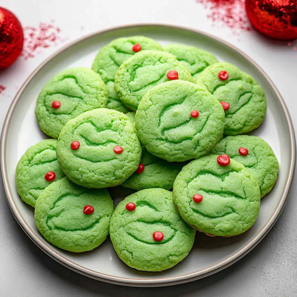 A plate of bright green Christmas-themed cookies decorated with red candy dots sits on a light surface, accompanied by festive decorations.