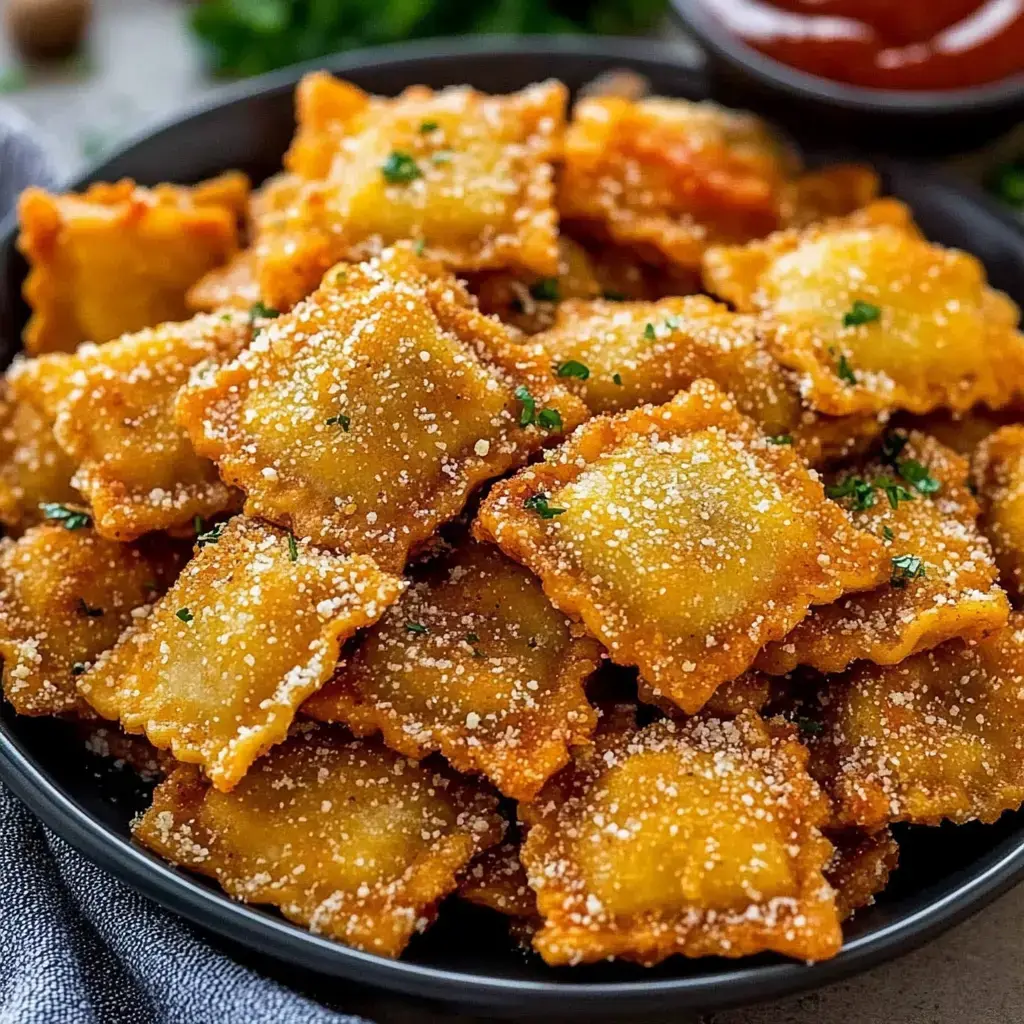 A close-up view of a bowl filled with golden-brown, crispy ravioli, sprinkled with grated cheese and garnished with parsley.