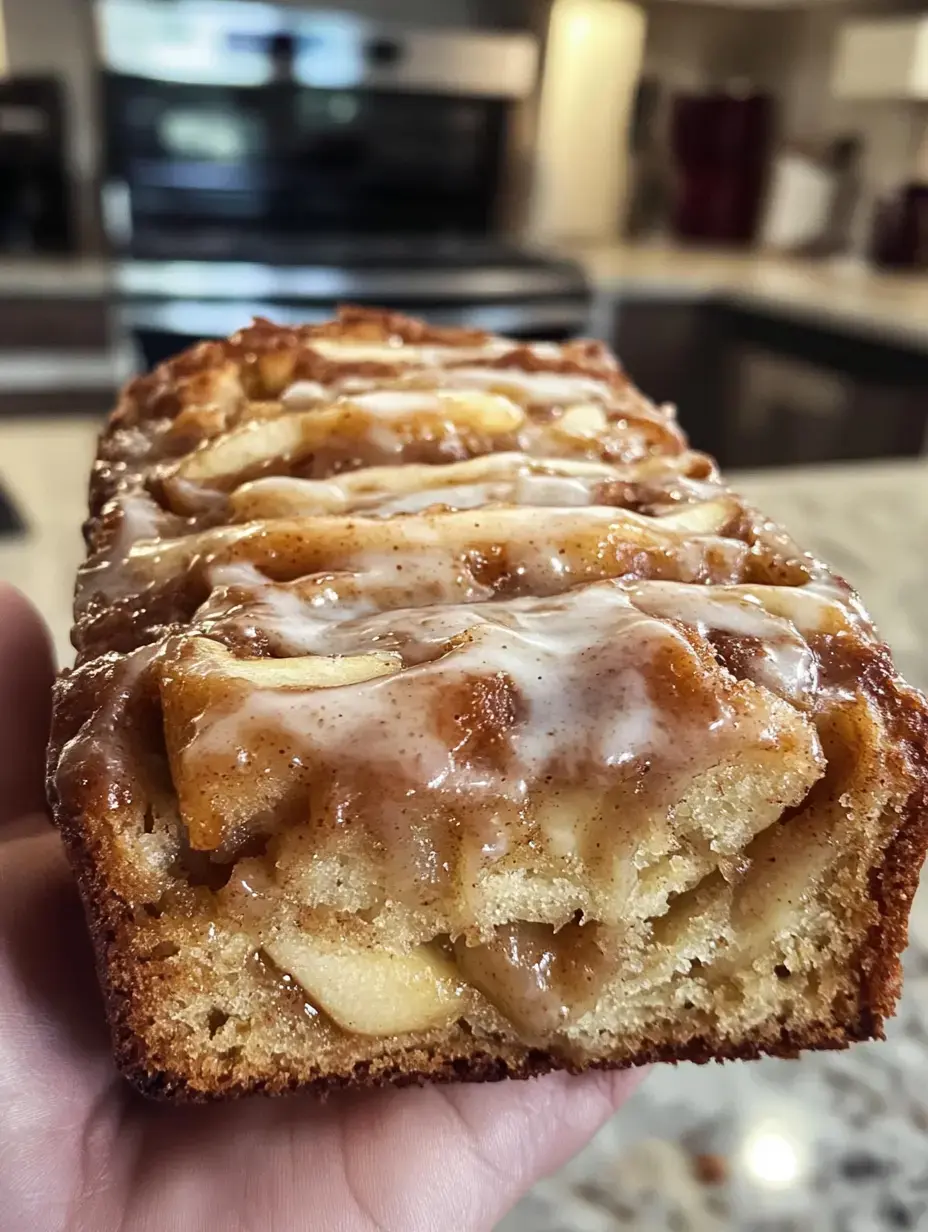 A hand holds a slice of moist apple bread topped with a glossy icing in a kitchen setting.