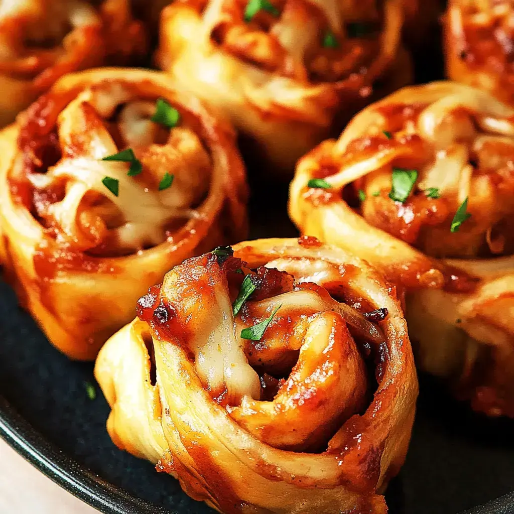 A close-up image of cheesy, spiral-swirled rolls topped with marinara sauce and garnished with fresh parsley.