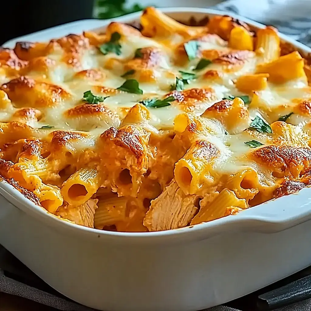 A creamy baked pasta dish with golden-brown cheese on top and garnished with fresh parsley.