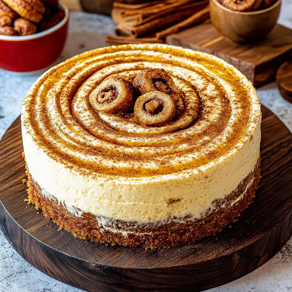 A beautifully decorated cheesecake with a smooth top, featuring cinnamon swirl patterns and garnished with cinnamon rolls, is displayed on a wooden serving board.