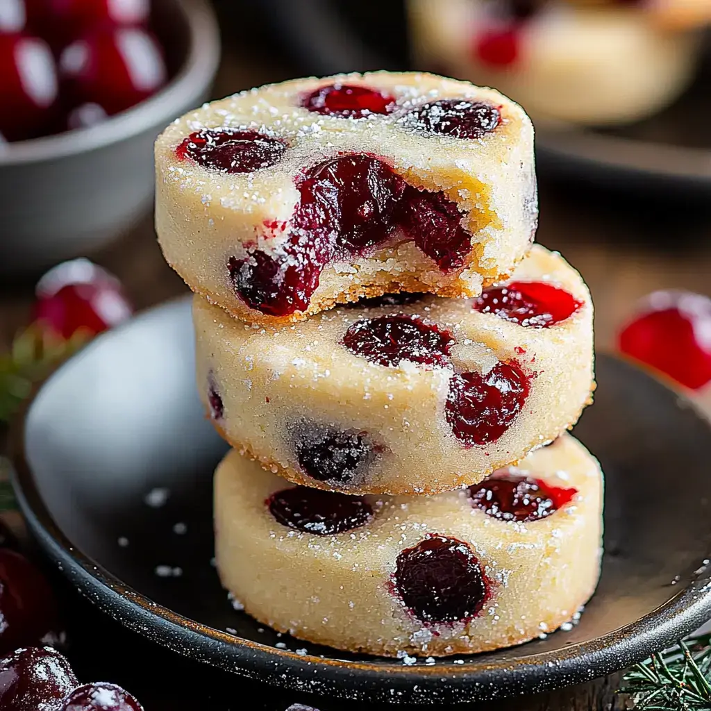 A stack of three round, glazed desserts with cranberries, topped with powdered sugar, on a black plate.