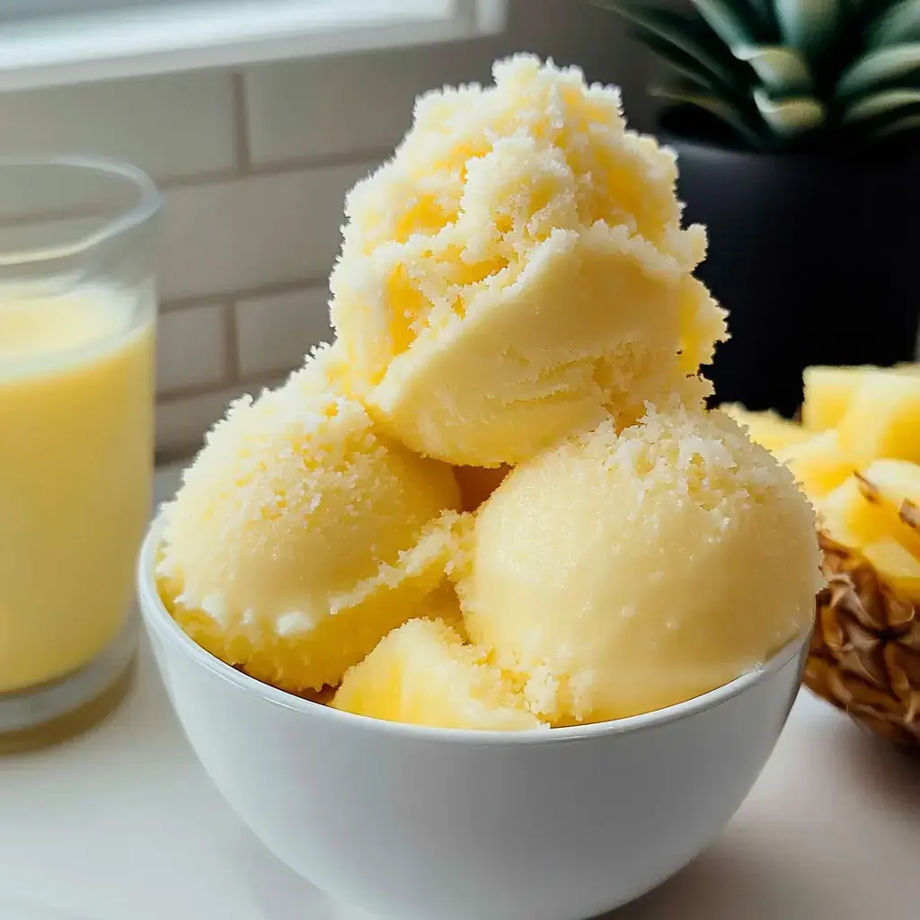 A bowl filled with yellow pineapple sorbet is displayed next to a glass of yellow drink and some cut pineapple.