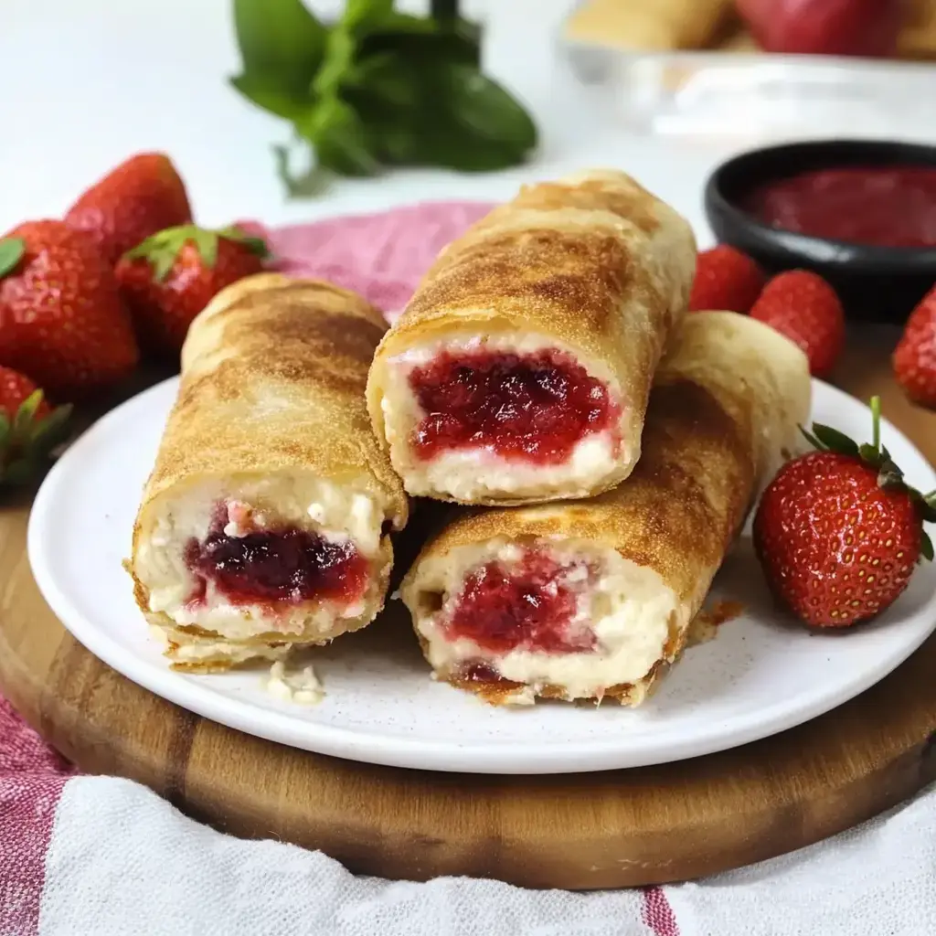 A plate of three golden-brown rolled pancakes filled with strawberry jam, surrounded by fresh strawberries.