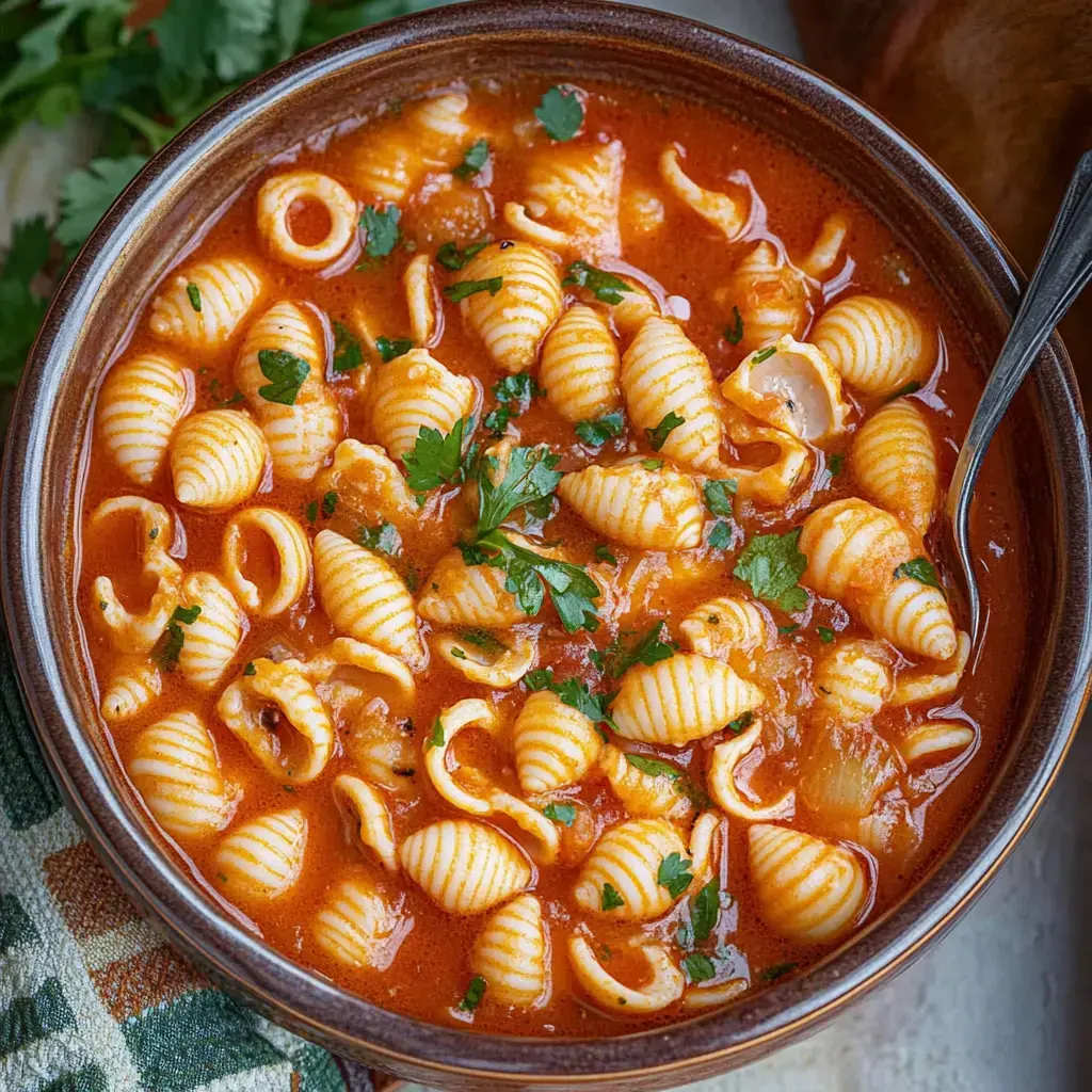 A bowl of pasta in a rich tomato sauce, garnished with fresh parsley.