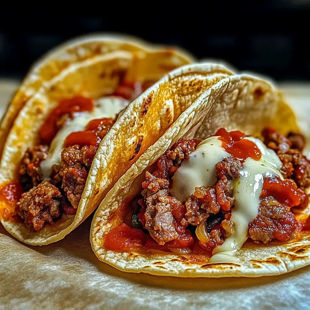 Three soft tacos filled with seasoned ground meat, salsa, and drizzled with creamy sauce.