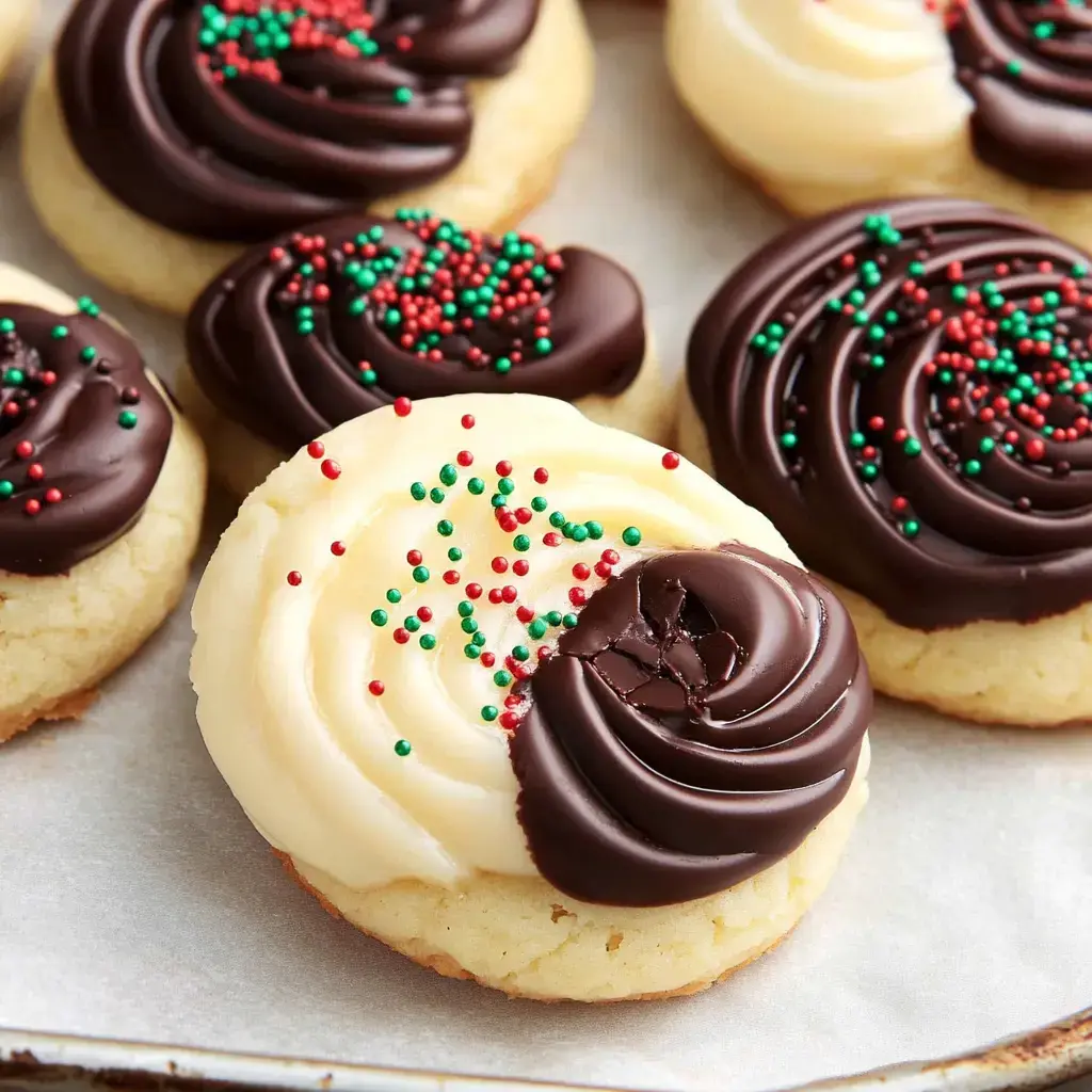 A close-up of decorated cookies featuring a mix of cream and chocolate frosting, topped with colorful sprinkles.