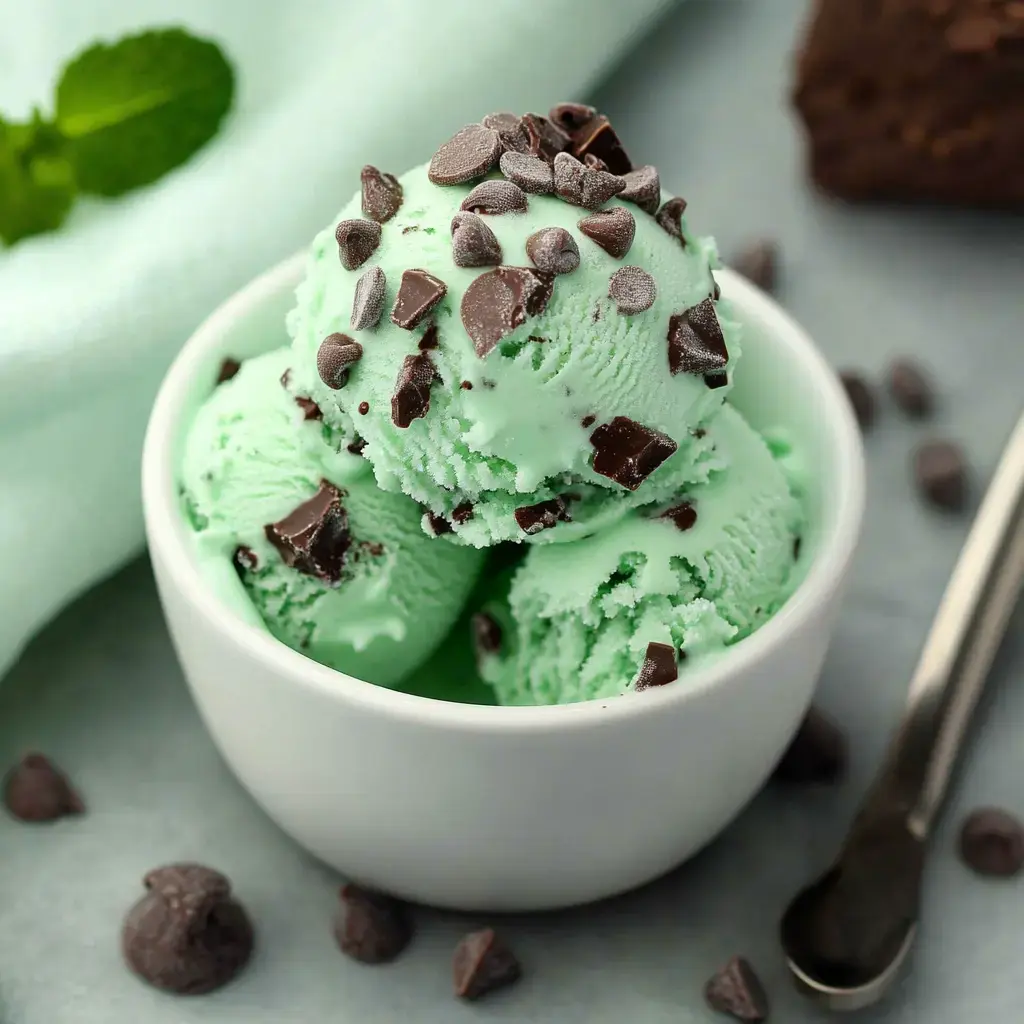 A white bowl filled with mint chocolate chip ice cream, topped with chocolate chips, sits on a gray surface with a spoon and scattered chocolate chips nearby.