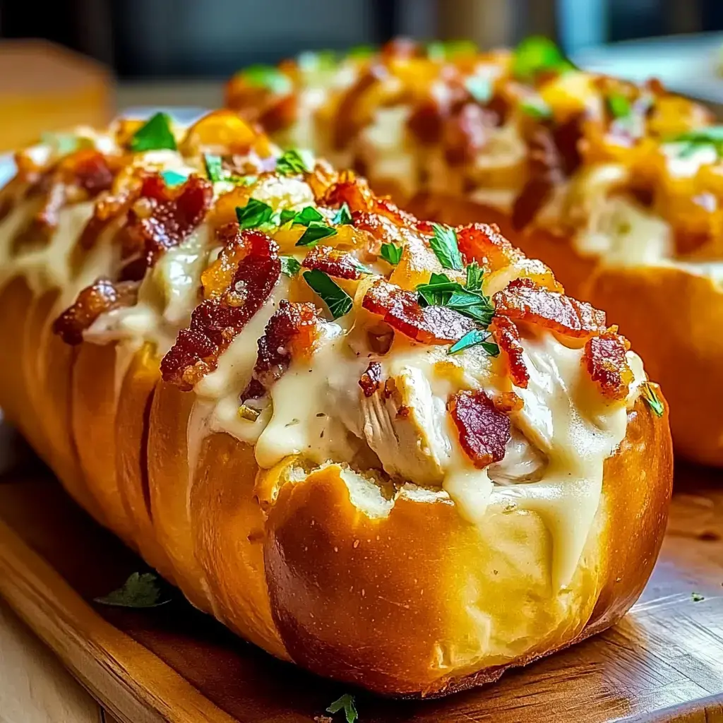 Two golden-brown bread rolls are topped with melted cheese, crispy bacon bits, and fresh parsley.