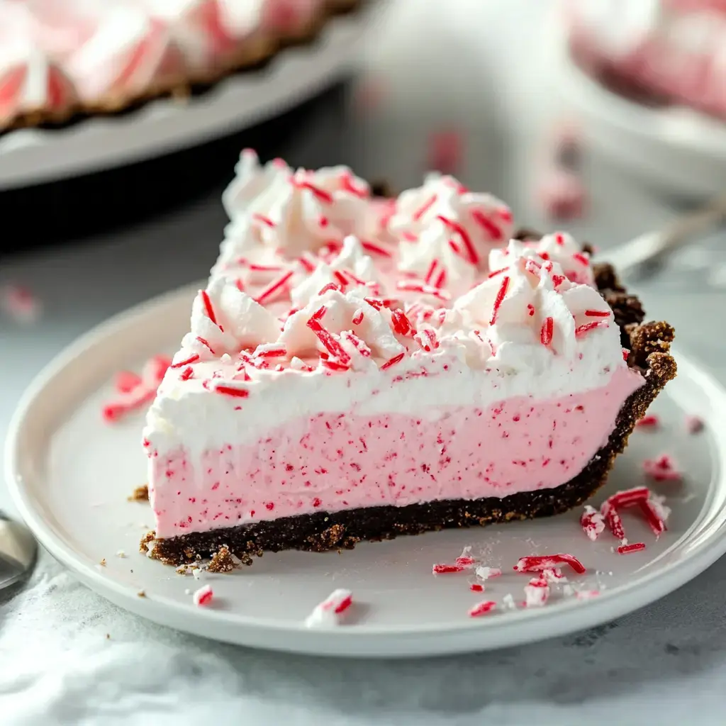 A slice of pink peppermint pie topped with whipped cream and crushed candy canes, served on a white plate.