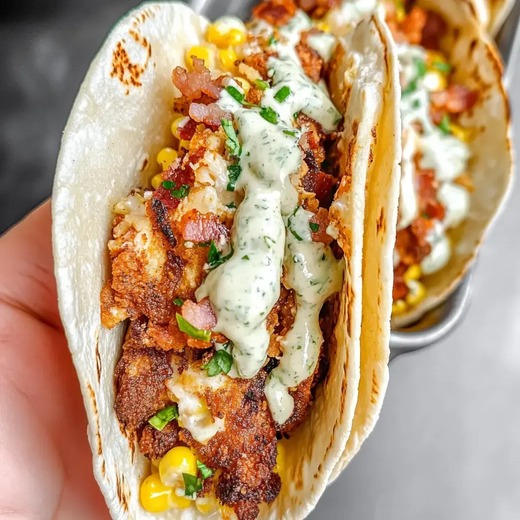 Two tortillas filled with crispy fried ingredients, corn, diced bacon, and drizzled with a creamy sauce, held in a hand.