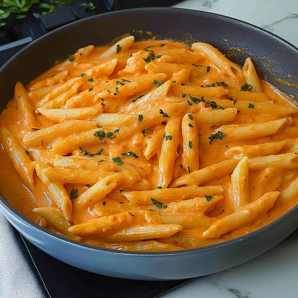 A close-up of penne pasta coated in a creamy orange sauce and garnished with chopped herbs in a black frying pan.