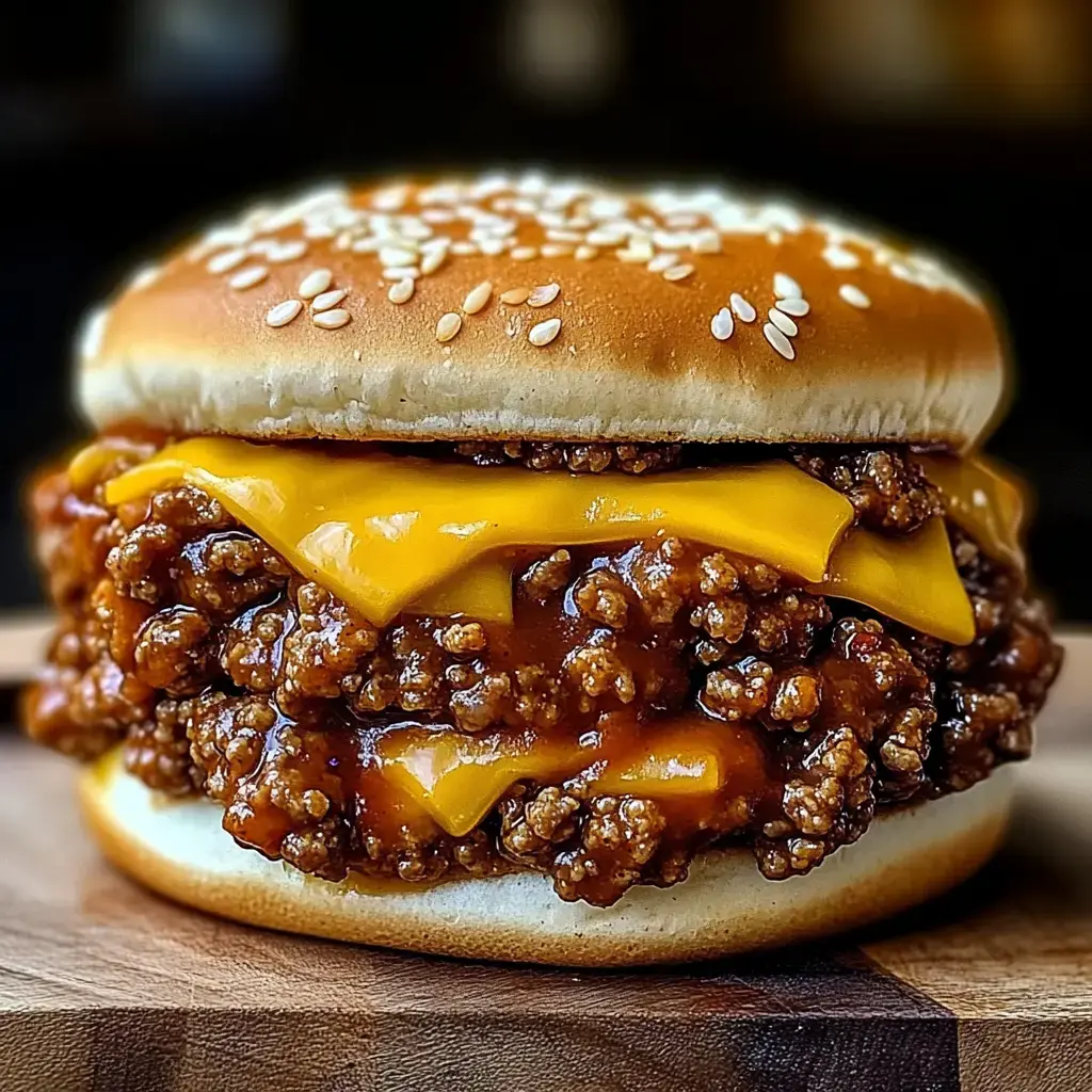 A close-up of a cheeseburger featuring a sesame seed bun, two layers of melted cheese, and a generous serving of ground beef in a savory sauce.