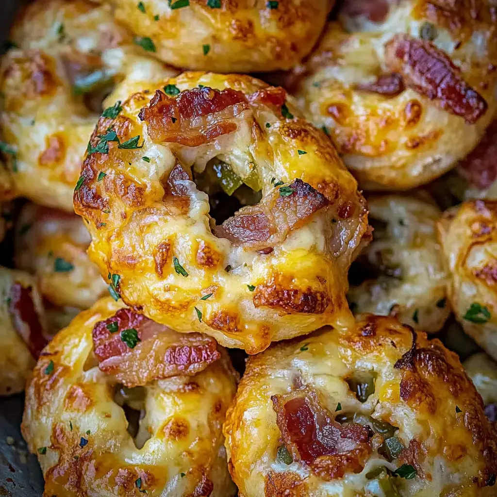 A close-up view of golden, cheesy bagel bites topped with crispy bacon and sprinkled with green herbs.