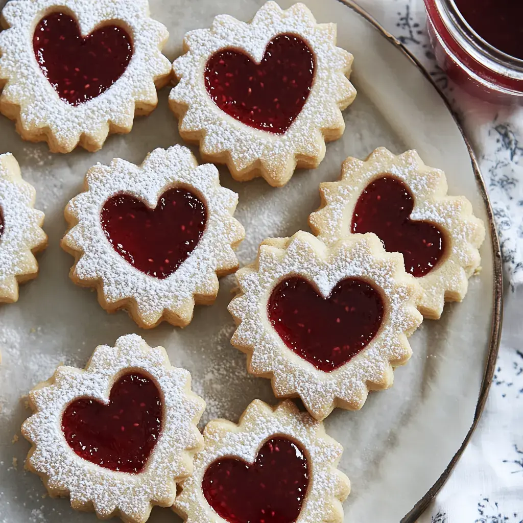 A plate of heart-shaped cookies filled with red jam and dusted with powdered sugar.