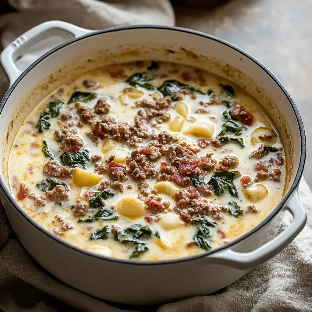 A creamy soup with ground beef, potatoes, and kale is simmering in a white pot.