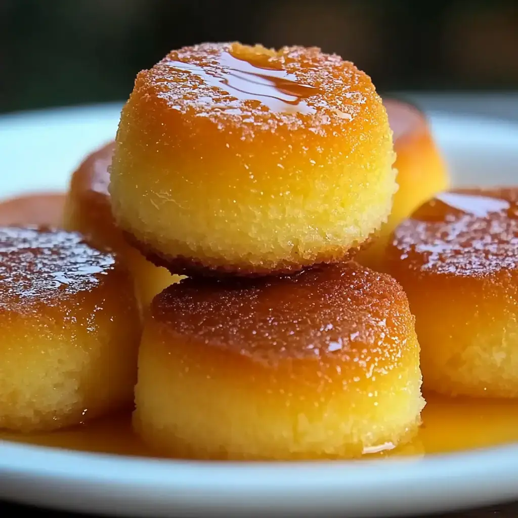 A plate of golden, round, syrup-drizzled dessert cakes stacked on top of each other.