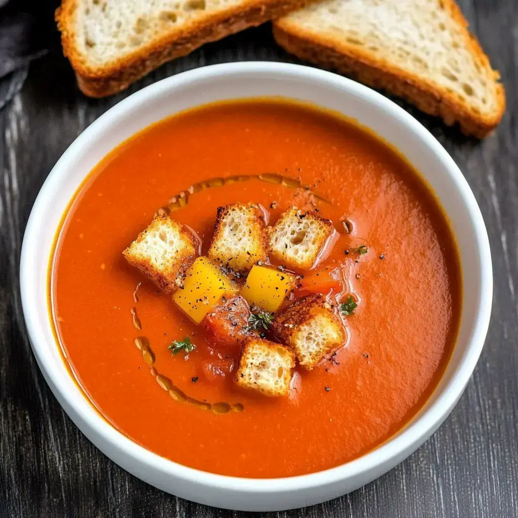 A bowl of creamy tomato soup topped with croutons and small pieces of mango, accompanied by slices of bread.