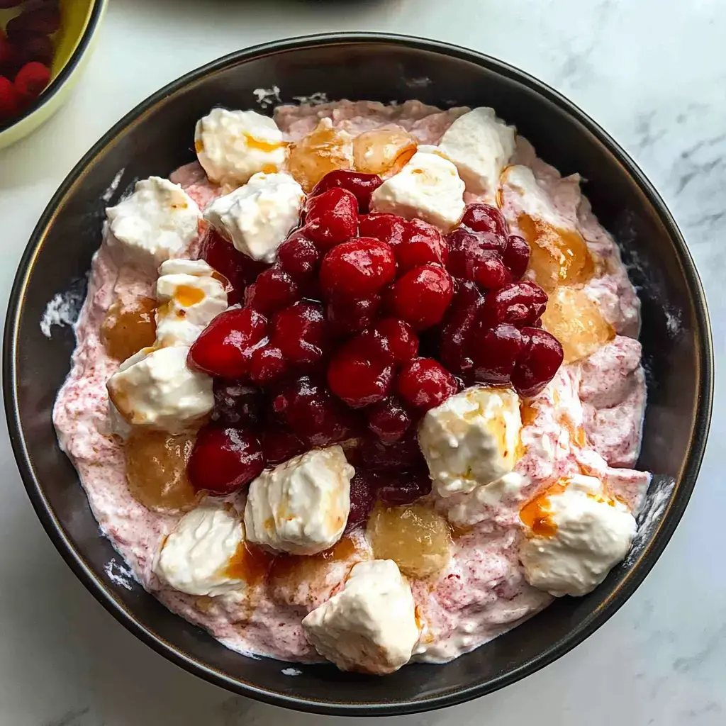 A bowl of fruit salad features layers of whipped cream, diced peaches, and a generous topping of red cherries.