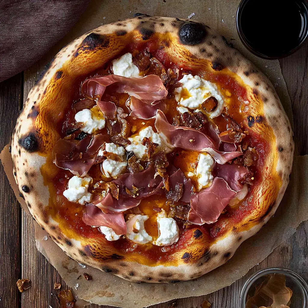 A freshly baked pizza topped with slices of prosciutto, dollops of ricotta cheese, and a rich tomato sauce, served alongside a glass of dark beverage.