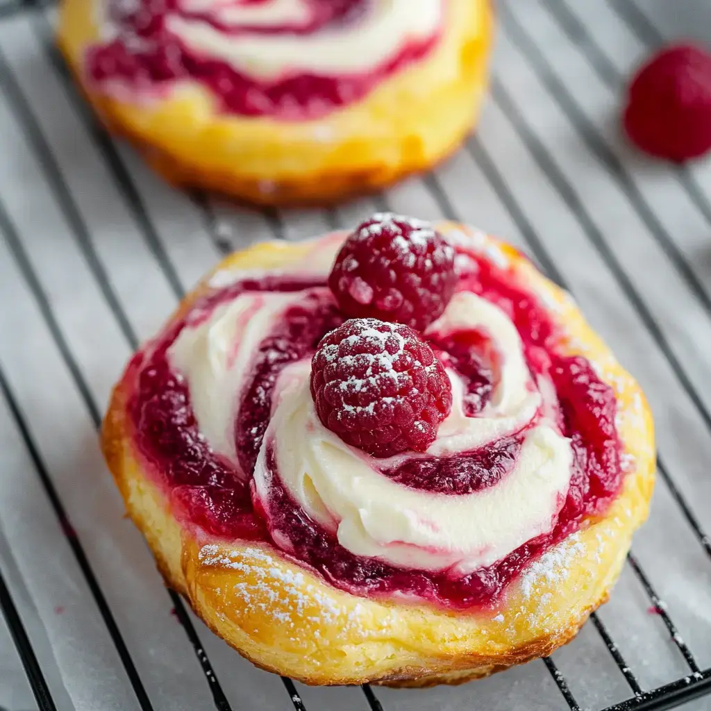 A close-up of a pastry topped with cream, raspberry filling, and fresh raspberries resting on a cooling rack.