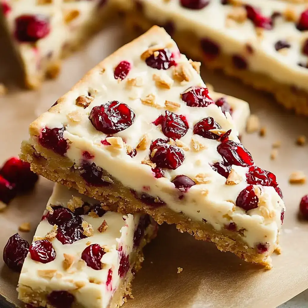 A close-up of decadent cranberry dessert bars topped with nuts, showcasing a creamy filling and a golden crust.