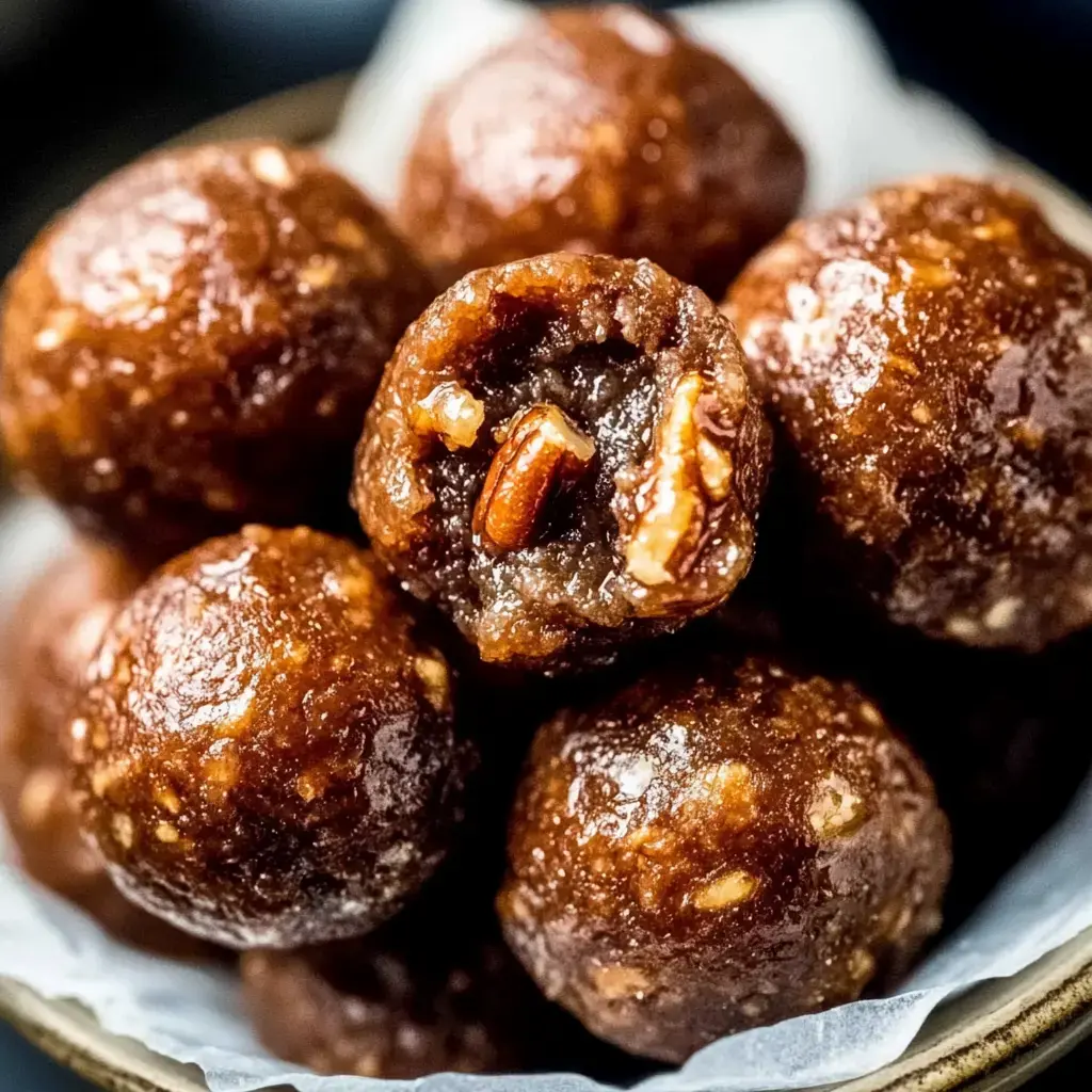 A close-up of a stack of round, chewy nut balls, showcasing their glossy exterior and a revealing bite that shows a nut-filled interior.