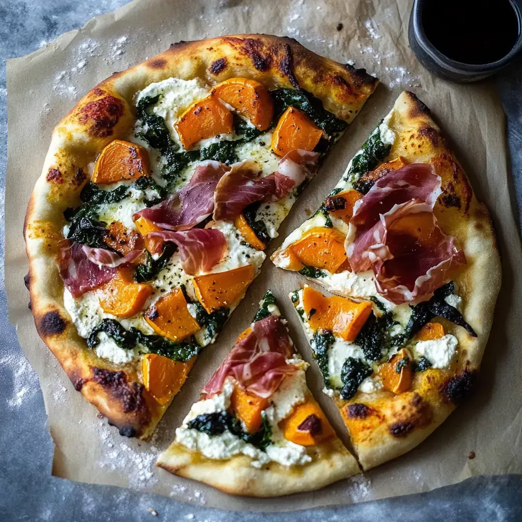 A freshly baked pizza topped with ricotta cheese, butternut squash, kale, and slices of prosciutto, with a few slices cut and arranged on parchment paper.