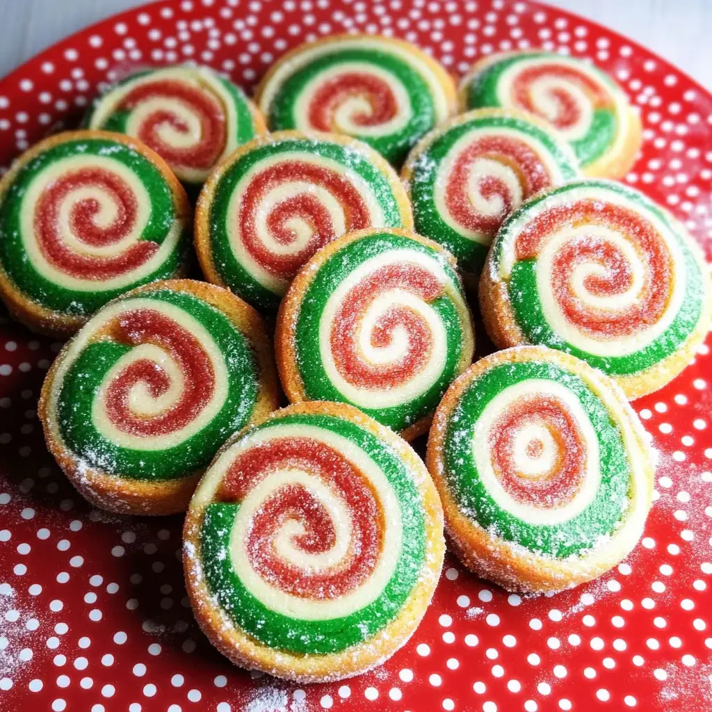 A close-up of colorful swirl cookies arranged on a red plate with white polka dots.