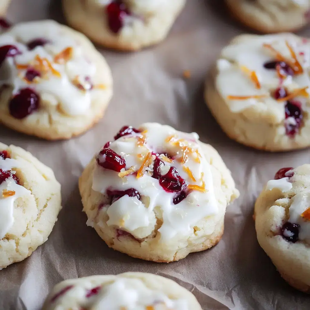 A close-up image of freshly baked cookies topped with white icing, dried cranberries, and orange zest, arranged on parchment paper.