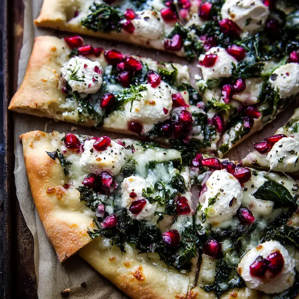 A close-up of a sliced flatbread topped with cheese, kale, and pomegranate seeds.