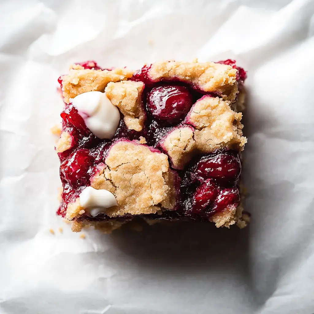 A close-up view of a baked dessert bar with a crumbly topping and berry filling, placed on parchment paper.