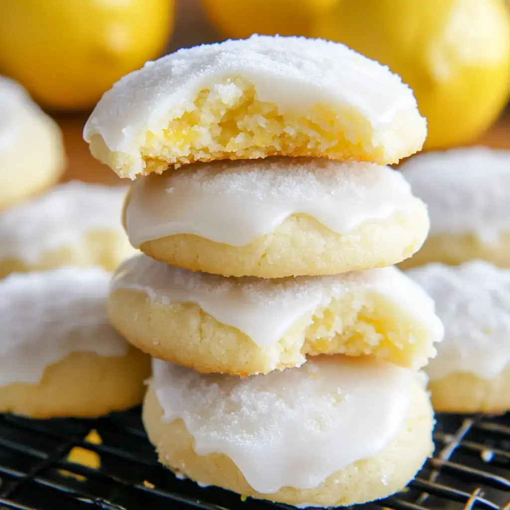 A stack of soft, frosted lemon cookies with one partially bitten, set against a backdrop of whole lemons.