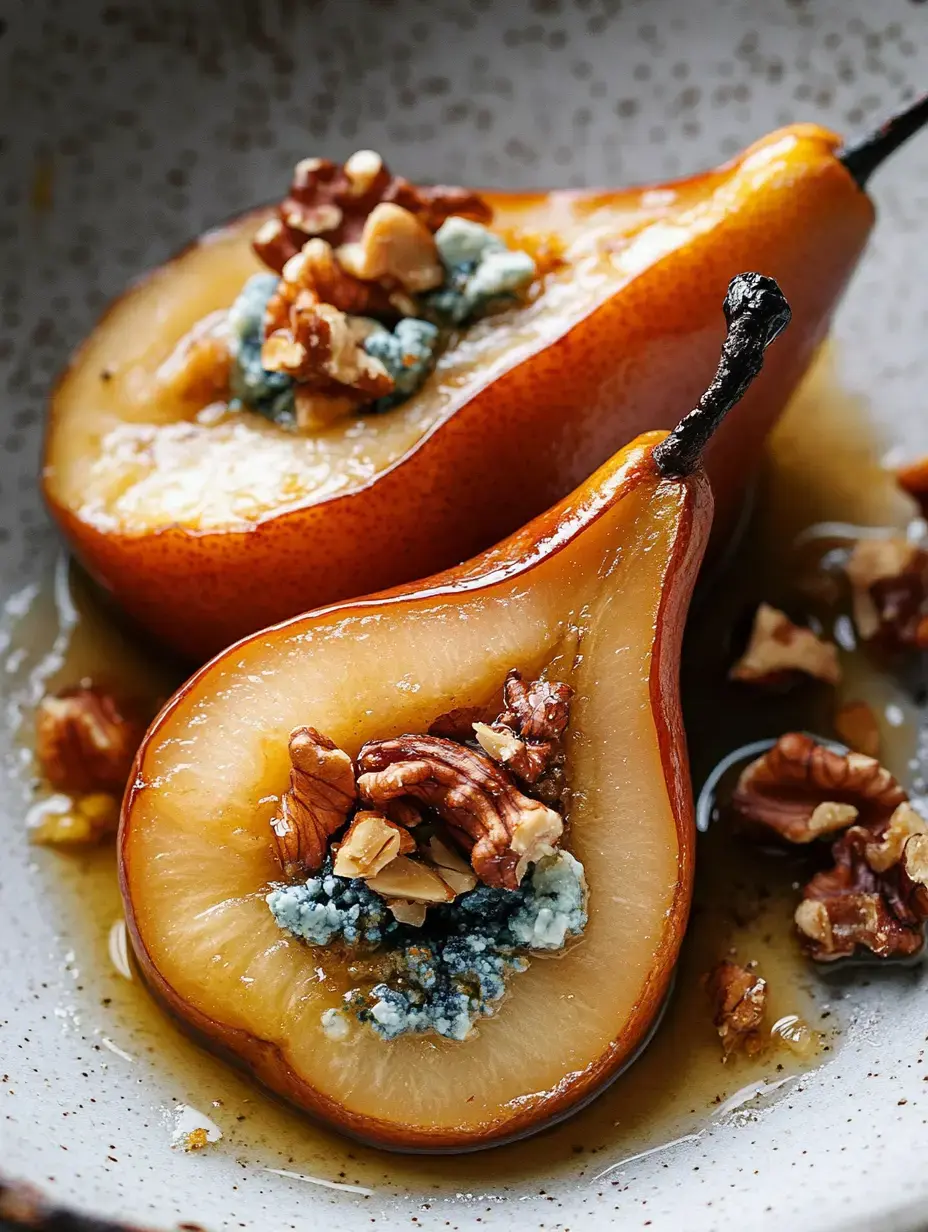 A close-up of halved pears topped with blue cheese and chopped pecans in a shallow dish.