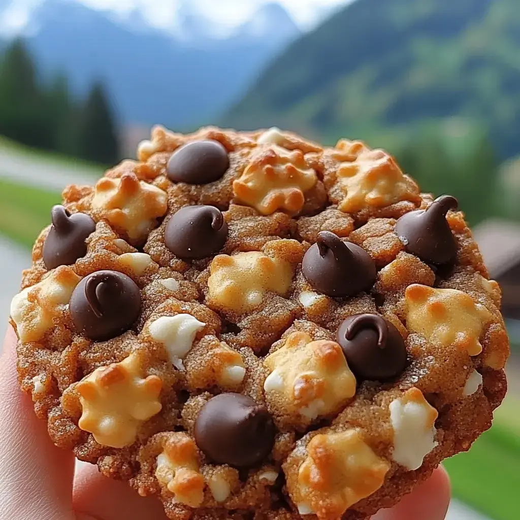 A close-up image of a cookie topped with chocolate chips and star-shaped pieces against a blurred mountainous background.