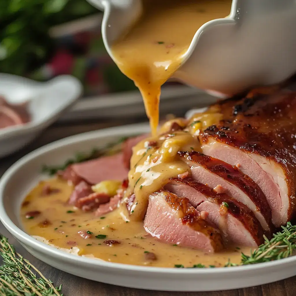 A plate of sliced ham is topped with a rich sauce being poured from a pitcher, garnished with thyme.