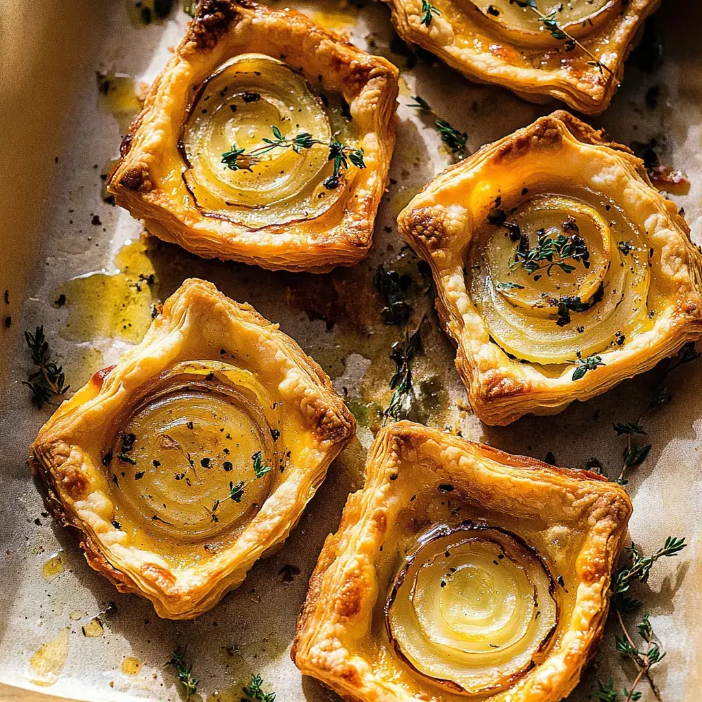 Five golden-brown puff pastry squares filled with spiral slices of onion and garnished with fresh thyme, arranged on a parchment-lined tray.