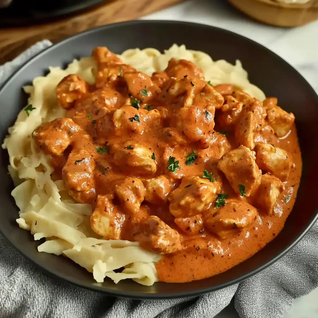 A plate of creamy chicken in a rich sauce served over a bed of noodles, garnished with parsley.