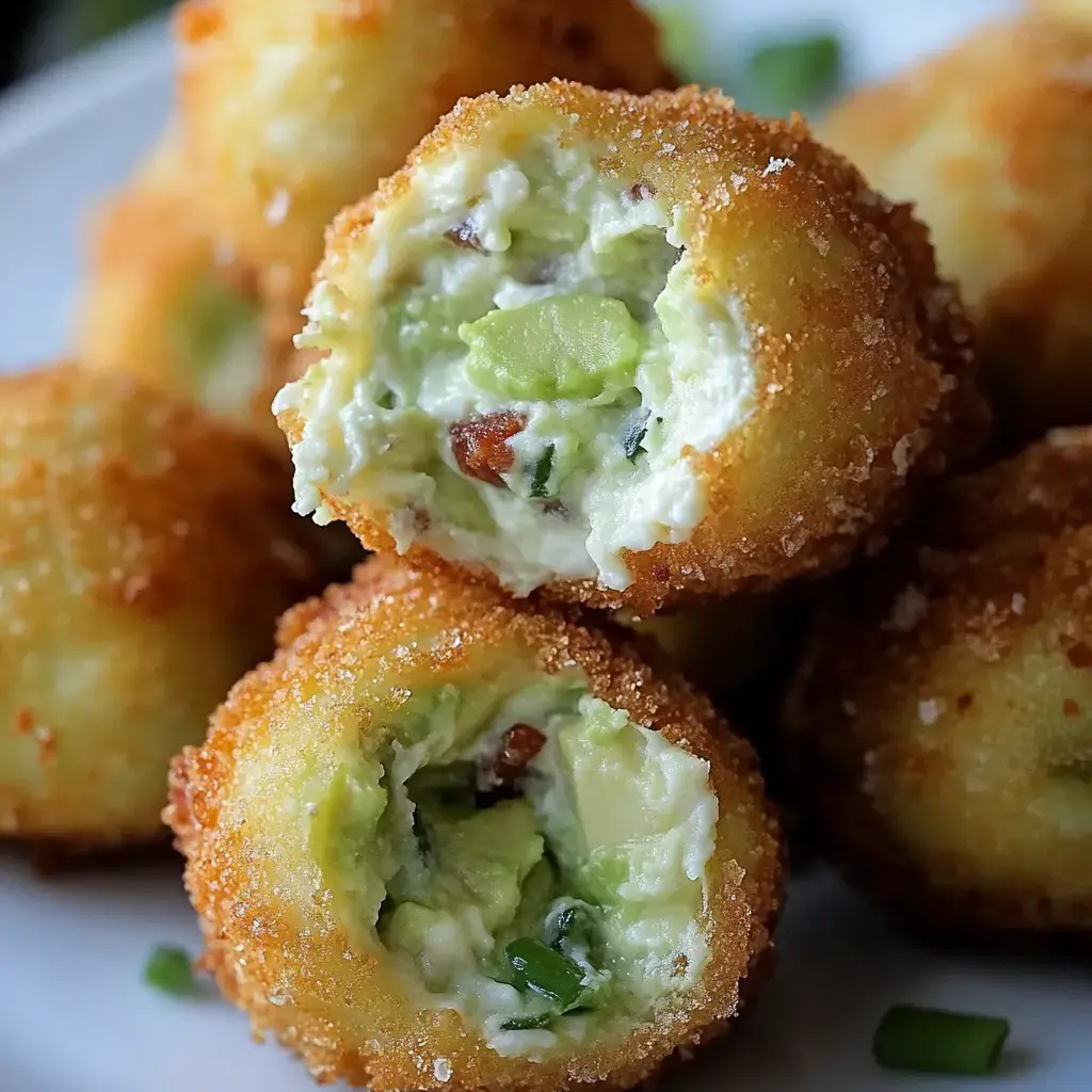 A close-up image of crispy, gold-brown fried balls, with one cut open to reveal a creamy filling containing green ingredients and bits of bacon.