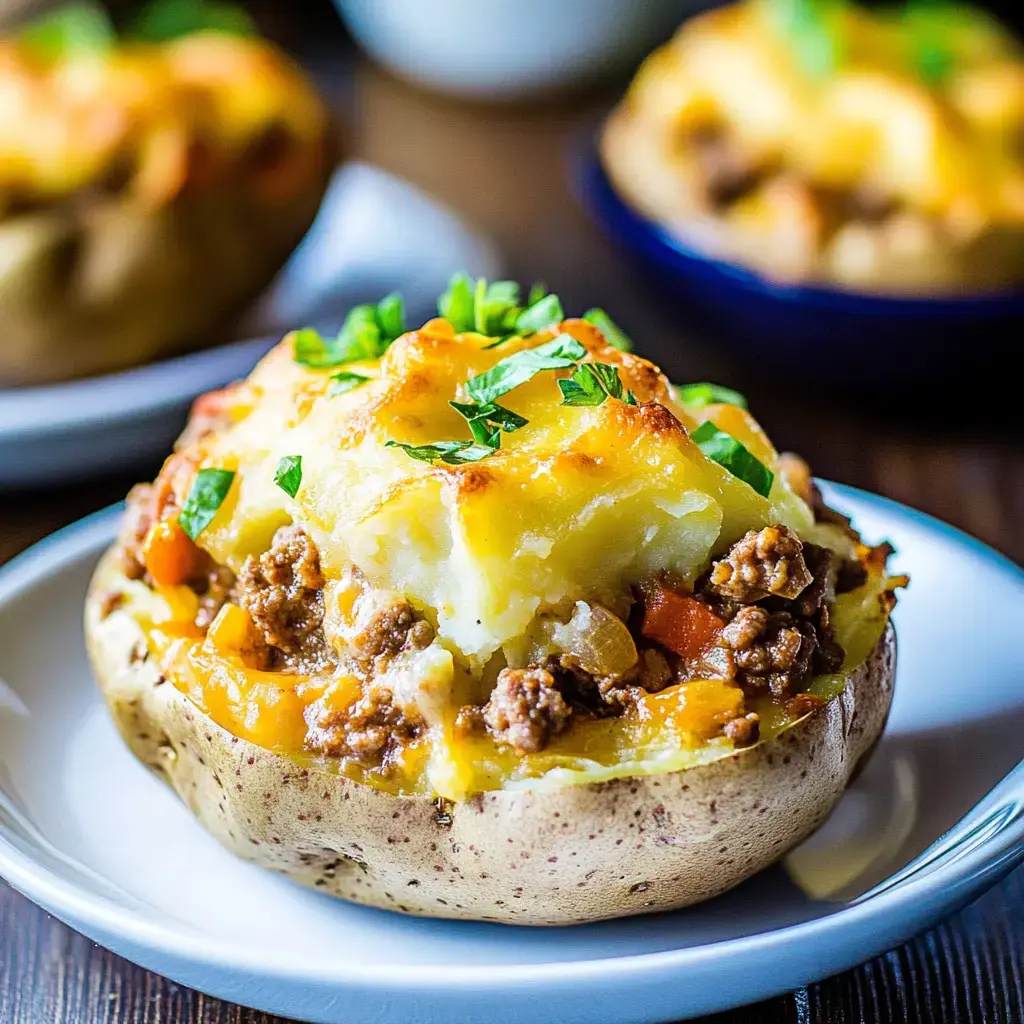 A baked potato is topped with seasoned ground meat, vegetables, and melted cheese, garnished with parsley.