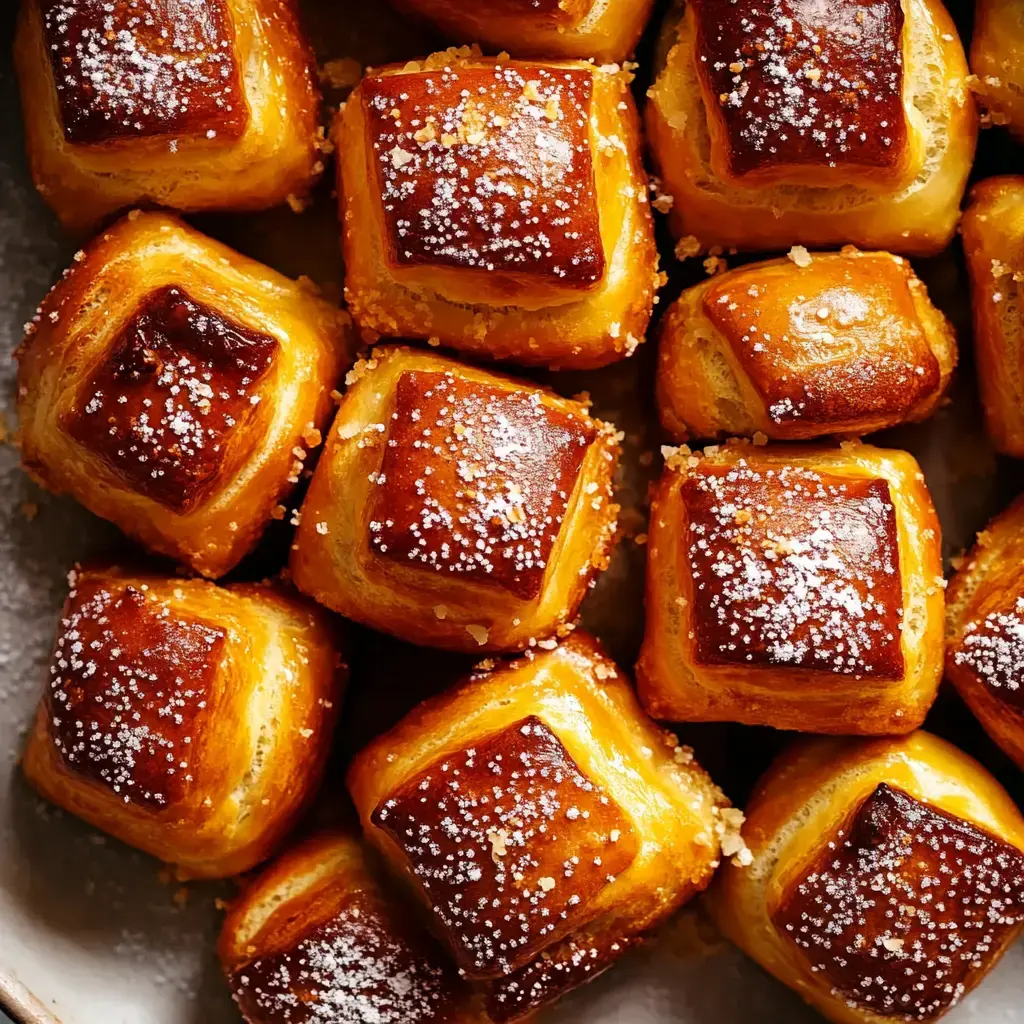 A close-up view of golden-brown, square-shaped pastries topped with a dusting of powdered sugar.