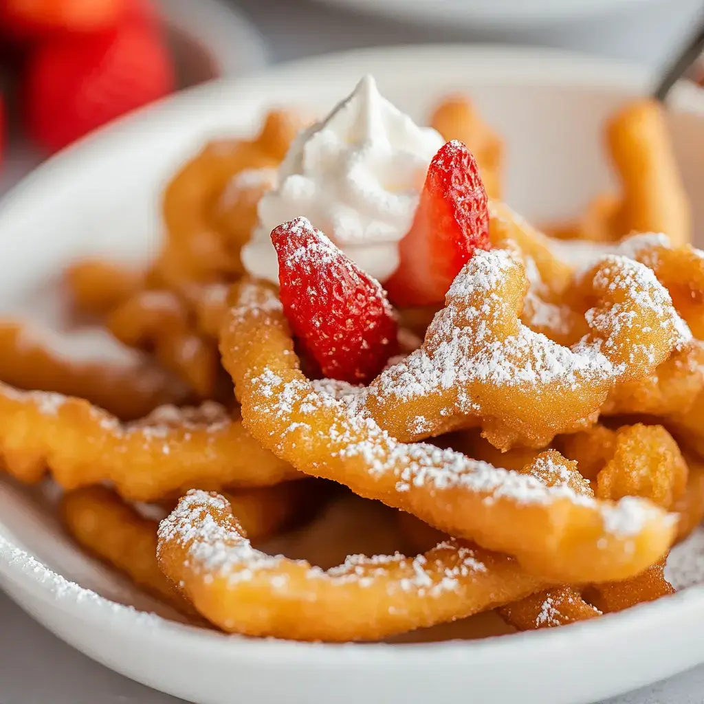 A close-up of a plate of funnel cake topped with whipped cream and fresh strawberries, dusted with powdered sugar.