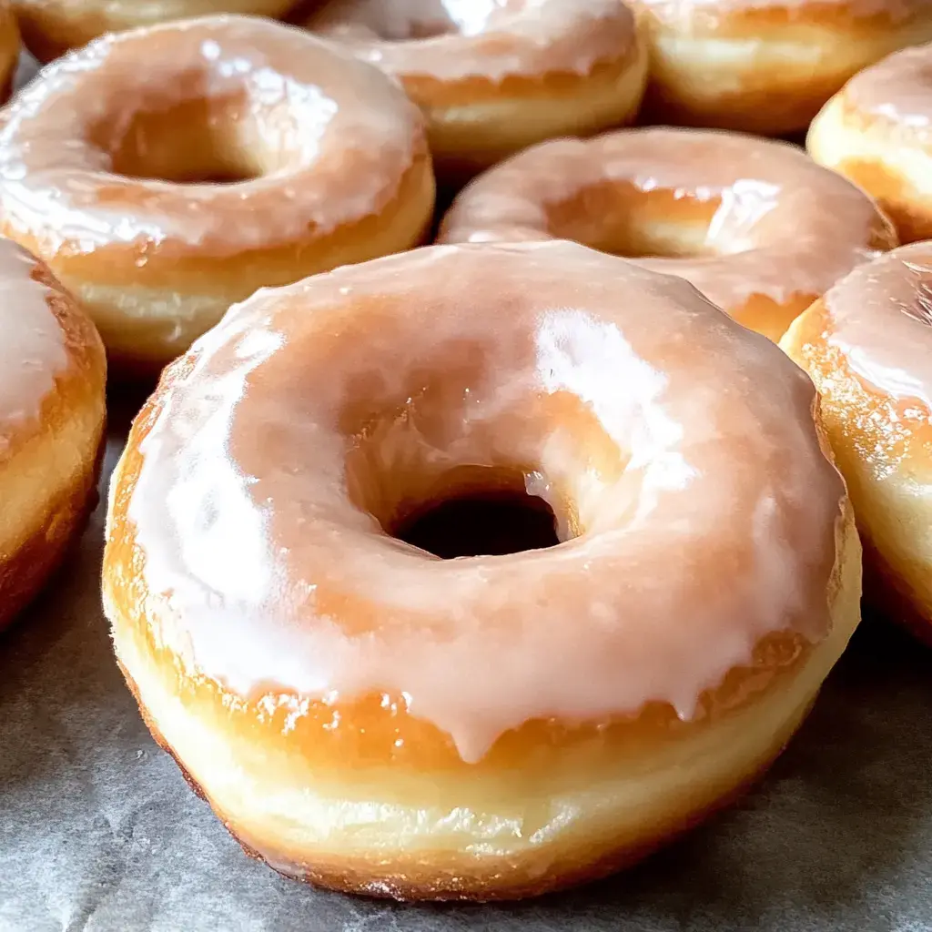 A close-up of a stack of glazed donuts, showcasing their shiny frosting and fluffy texture.