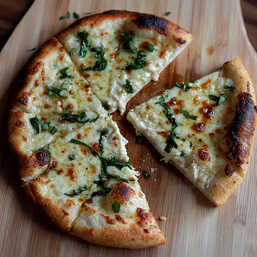 A freshly baked flatbread topped with melted cheese and scattered green herbs, with one slice partially removed, rests on a wooden cutting board.