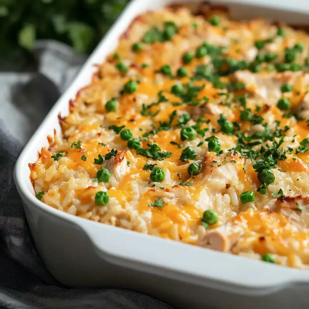 A close-up of a baked casserole dish filled with rice, chicken, cheese, and green peas, garnished with chopped parsley.