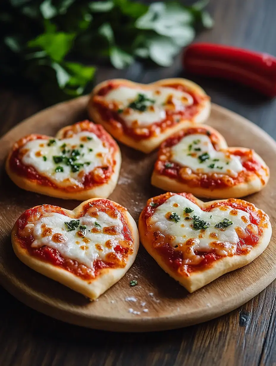 A wooden plate holds five heart-shaped mini pizzas topped with cheese and tomato sauce, garnished with chopped herbs.