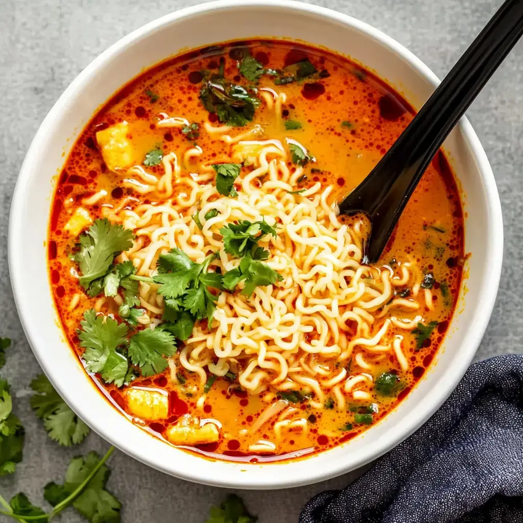 A bowl of spicy noodle soup topped with fresh cilantro and surrounded by green herbs.