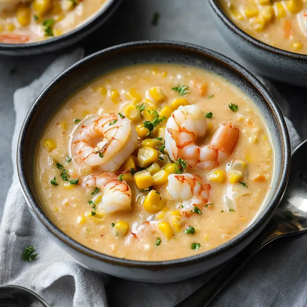 A close-up of a bowl of creamy shrimp and corn chowder garnished with parsley.